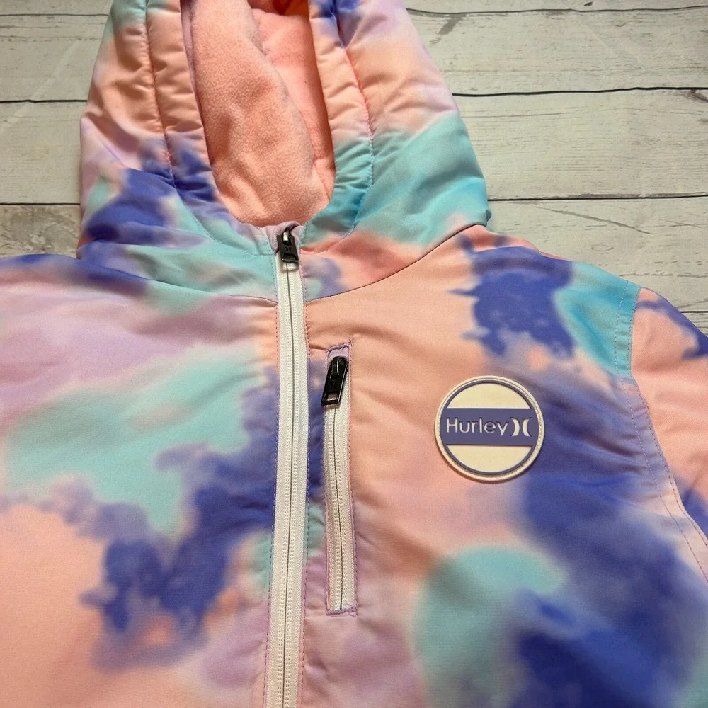 Hurley Snow Jacket Pockets Buttons Pink Tie Dye Youth Girls Size‎ Large 14/16